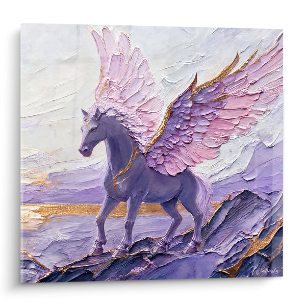 Tableau Cheval ailé violet et rose sur rochers - Envol légendaire - Edition Pégase