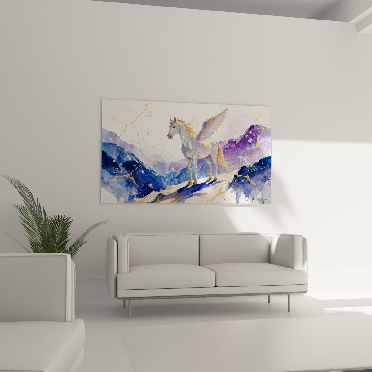 Cheval ailé aux tons pastel et violets, au-dessus d'un canapé dans un salon lumineux