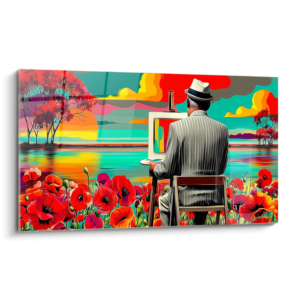 Cuadro de Pintor con Sombrero en un Paisaje Colorido con Tonos Turquesa y Rojo - El Artista Contemplativo - Edición Amapola