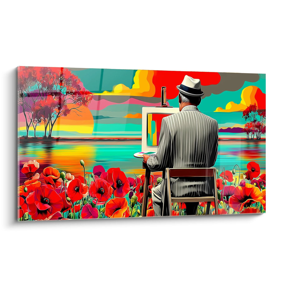 Tableau Peintre au Chapeau dans un Paysage Coloré aux Teintes Turquoise et Rouge - L'Artiste Contemplatif - Edition Coquelicot