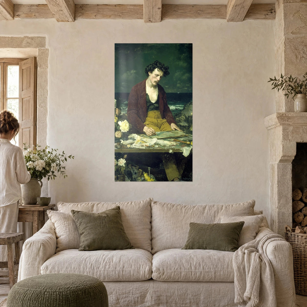 Wall art young curly-haired painter in a burgundy jacket painting facing the green sea, mustard trousers, above a sofa in a bright living room