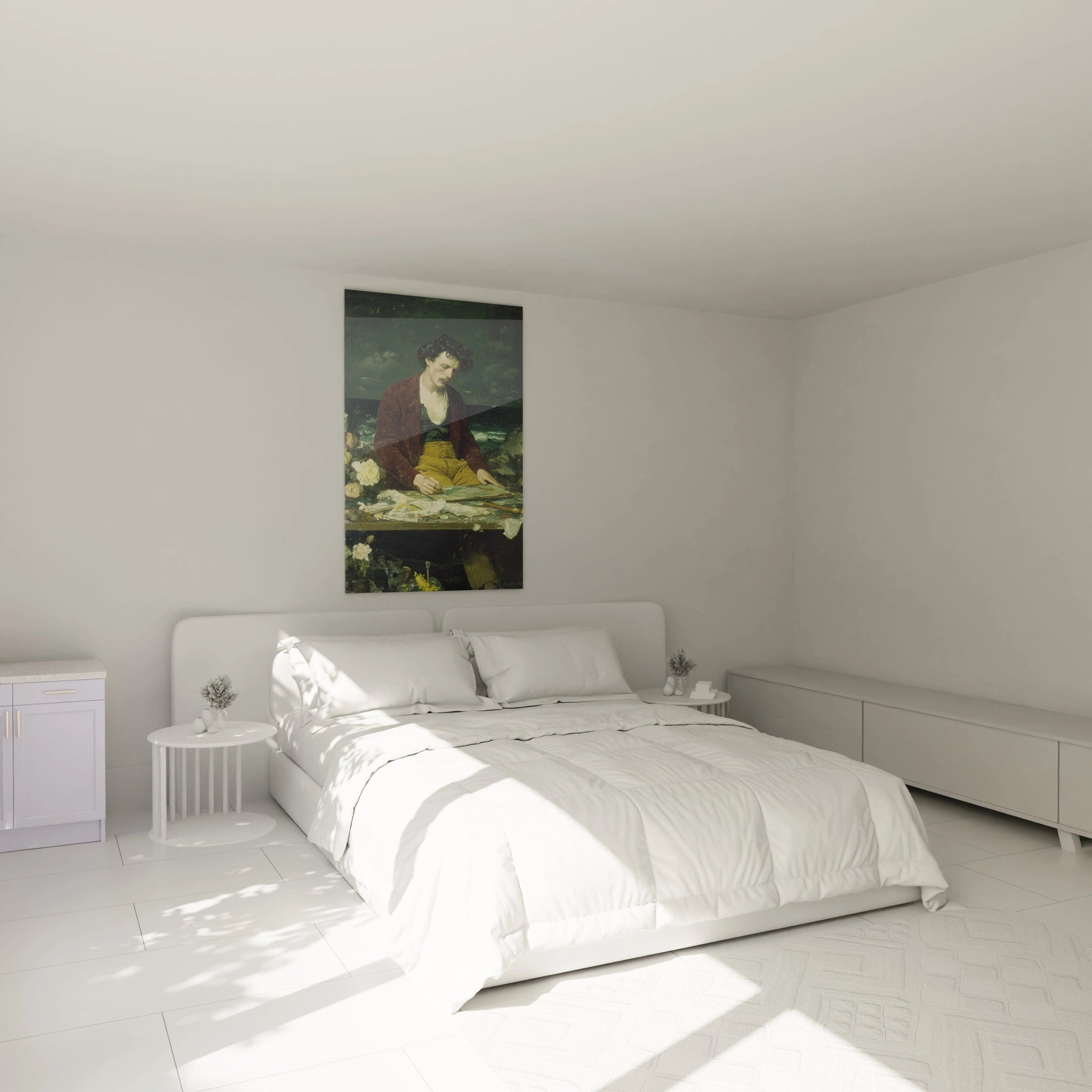 tableau peintre réalisme Walensky portrait coloré encadré au dessus d un lit blanc dans chambre minimaliste