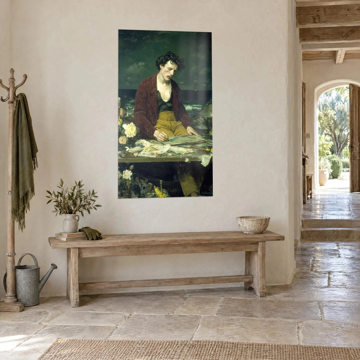 Wall art mustached artist leaning over his palette, white roses and dark green stormy sky, in a stone hallway, three-quarter view