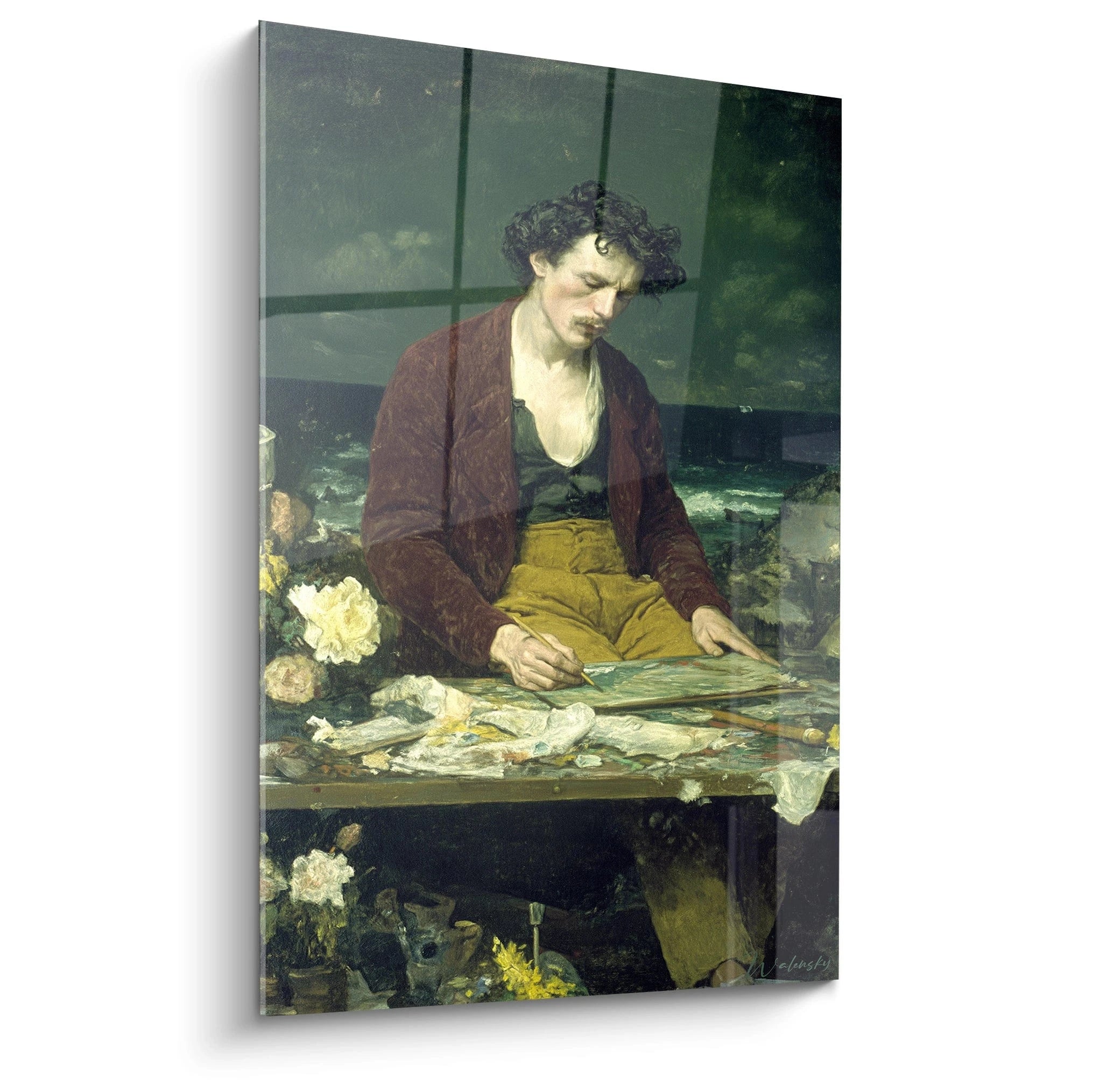 Tableau mural Walensky montrant un peintre assis dessinant sur une table avec fleurs et pinceaux tableau peintre réalisme