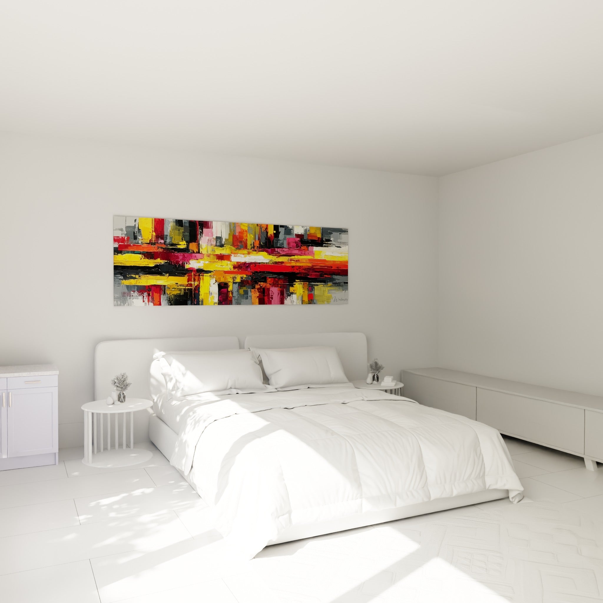 Couches de jaune, rouge et gris entrecroisées au-dessus d'un lit dans une chambre claire