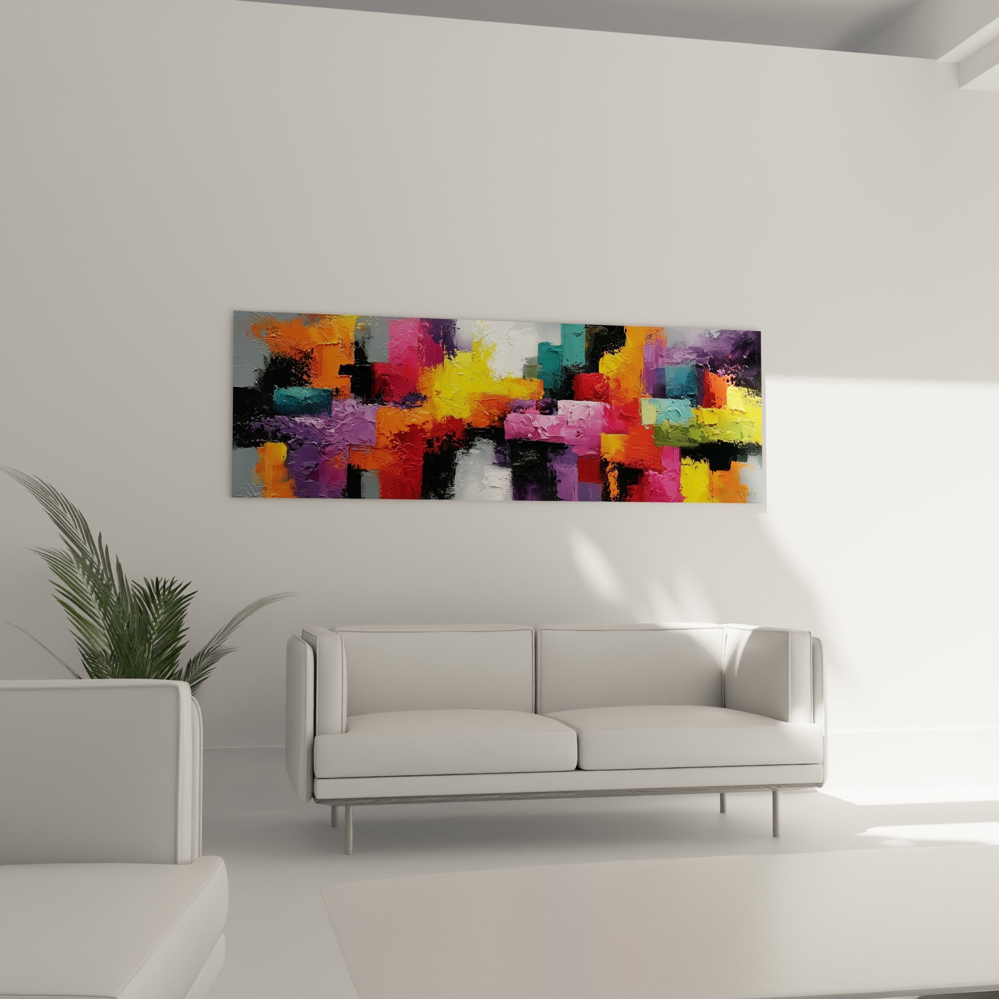 Peinture abstraite orange et anthracite disposée au-dessus d'un canapé dans un salon lumineux