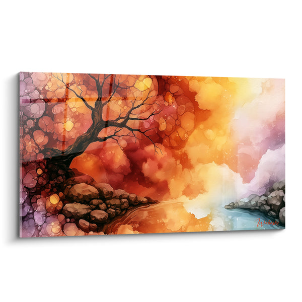 Tableau Arbre roche rouge orange rivière - Feu du crépuscule - Edition style Peinture abstrait
