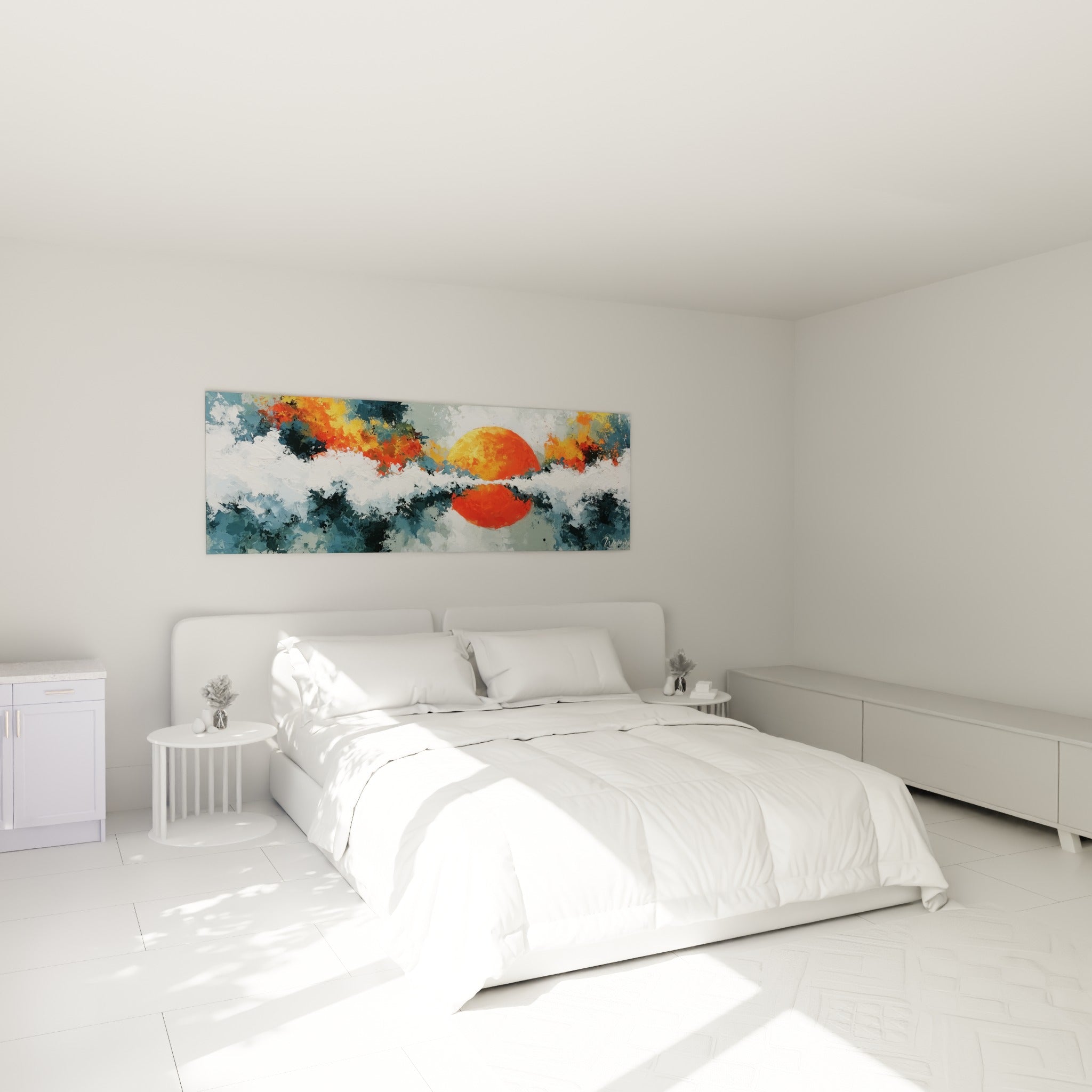 Astre orange et vagues bleu marine, tableau accroché au-dessus d'un lit dans une chambre claire