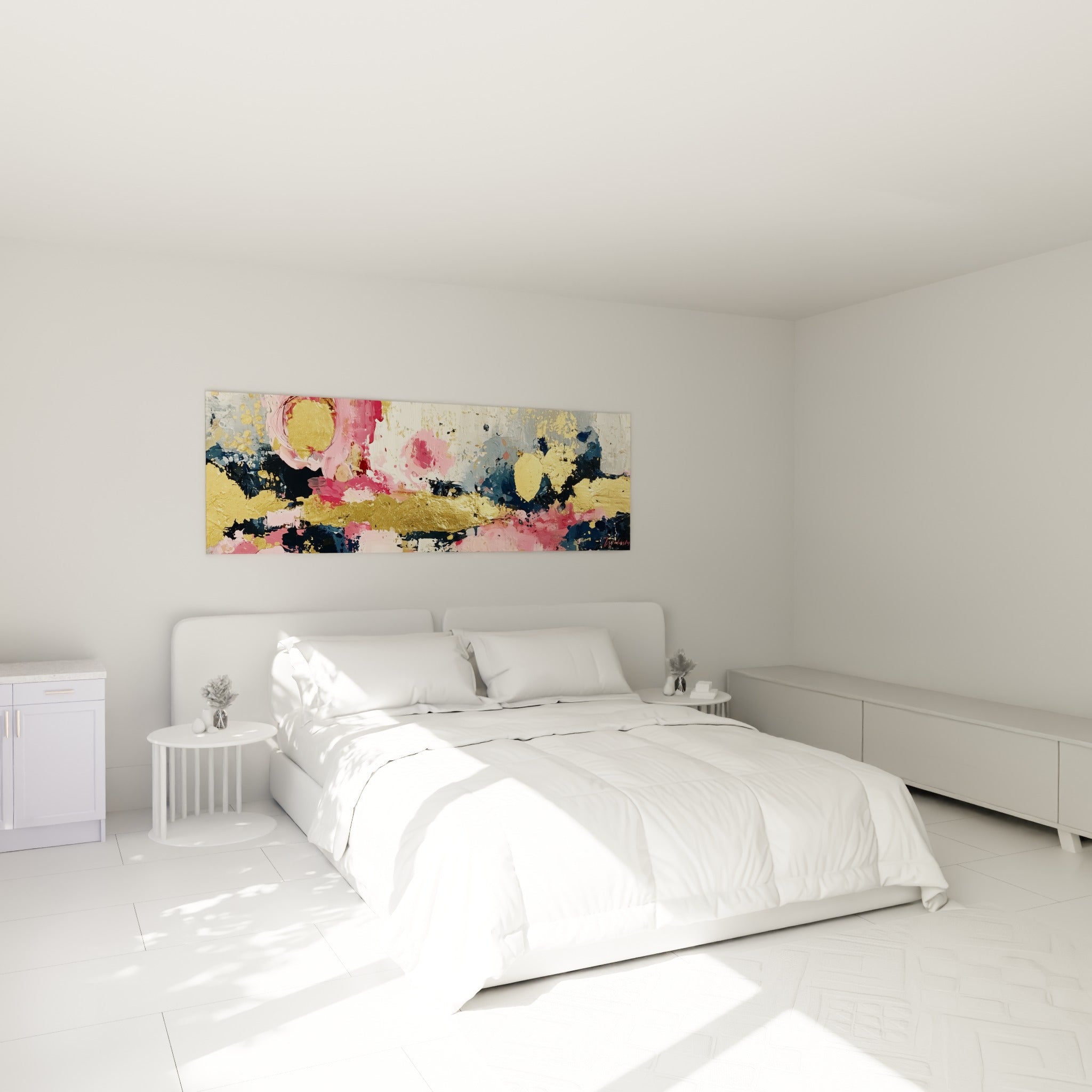 Éclosion dorée et rose de ce style Peinture abstrait, accrochée au-dessus d'un lit dans une chambre claire