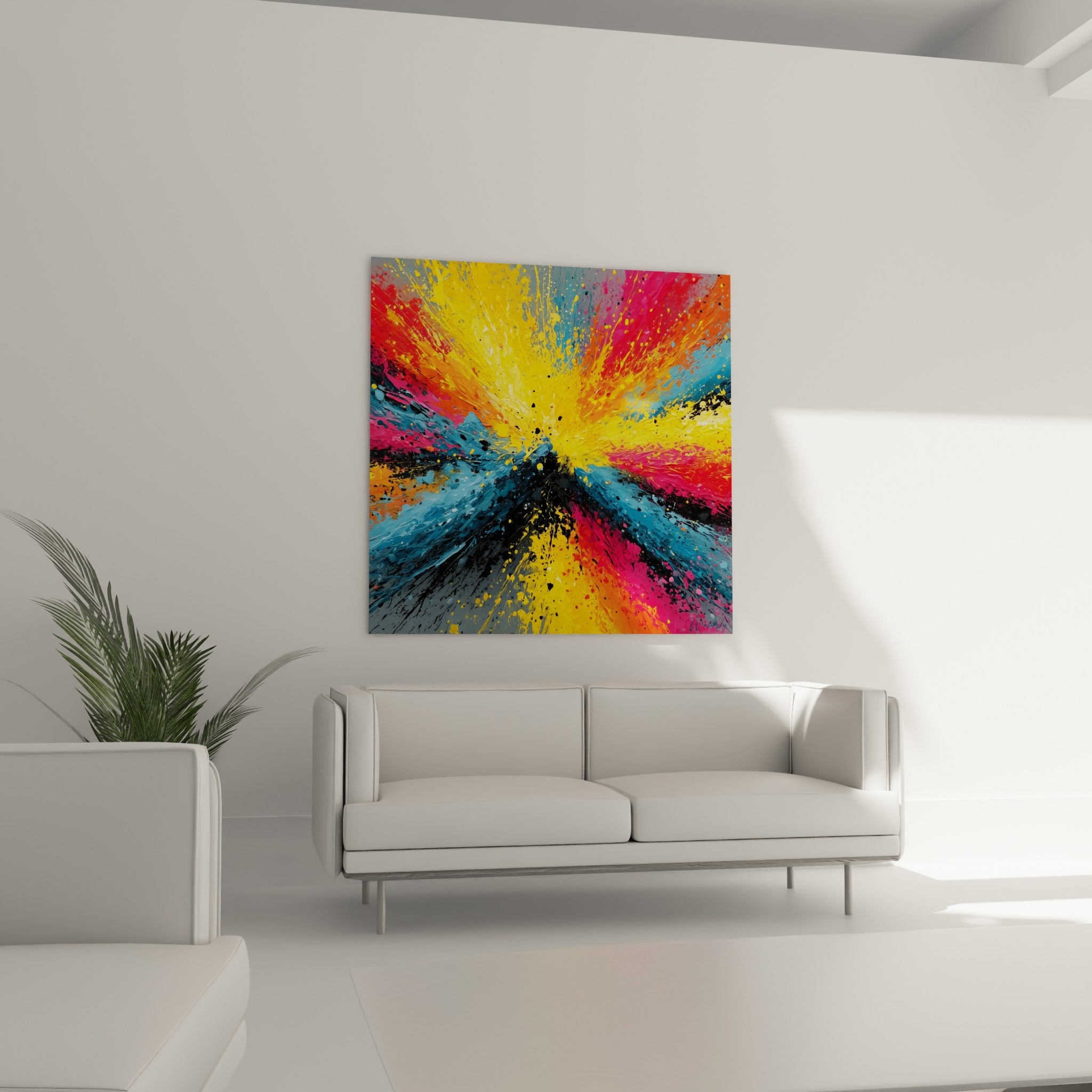 Éclats de bleu pétrole et orange vibrant, tableau suspendu au-dessus d'un canapé dans un salon lumineux