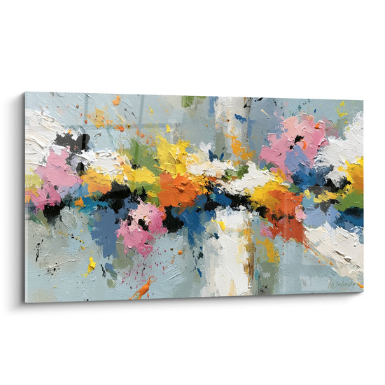Bouquet floral abstrait aux touches roses, jaunes et bleu pastel peint au couteau