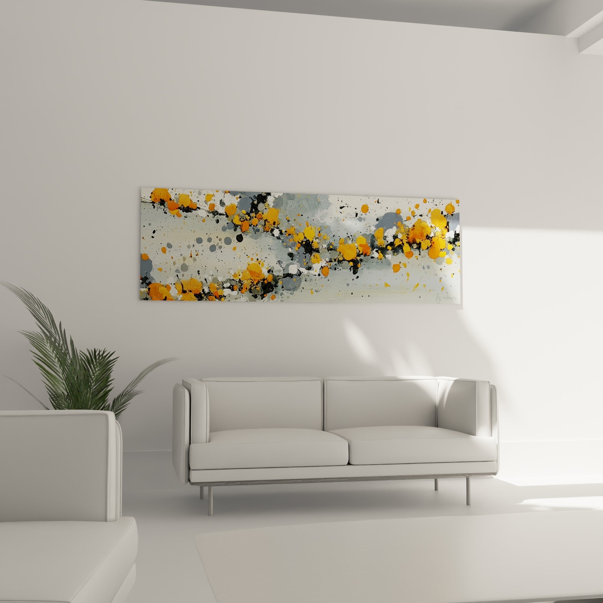 Constellation orange et grise de ce tableau style Peinture abstrait au-dessus d'un canapé dans un salon lumineux
