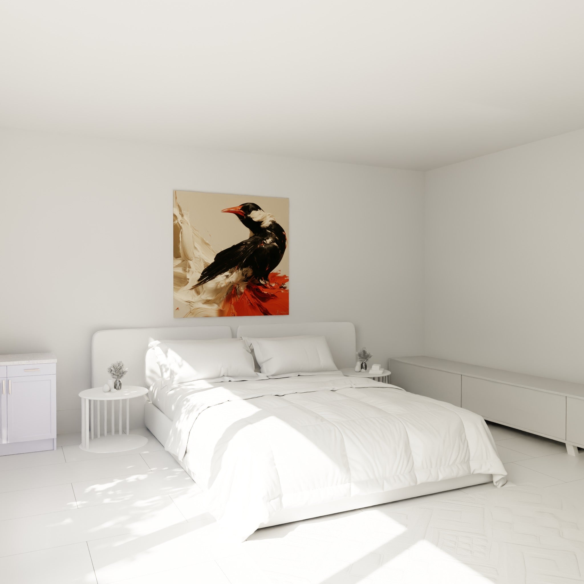 Corbeau au plumage noir et coulures rouge terracotta, tableau accroché au-dessus d'un lit dans une chambre claire