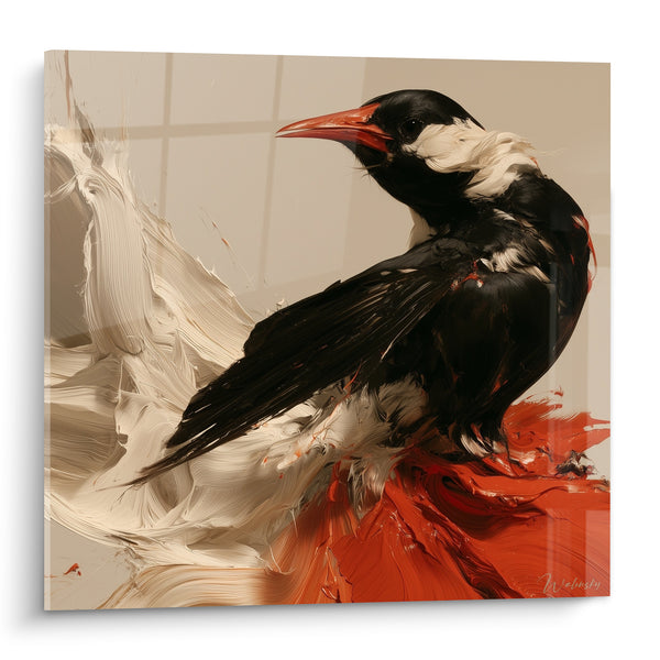 Tableau Corbeau noir aux empâtements rouge et blanc - Envol figé - Edition style Peinture abstrait