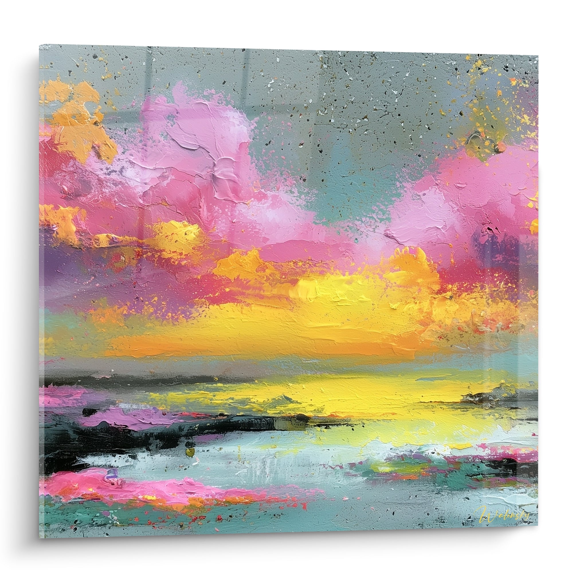 Coucher de soleil doré et rose peint en touches épaisses, ciel embrasé et rivage turquoise texturé