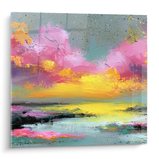 Coucher de soleil doré et rose peint en touches épaisses, ciel embrasé et rivage turquoise texturé