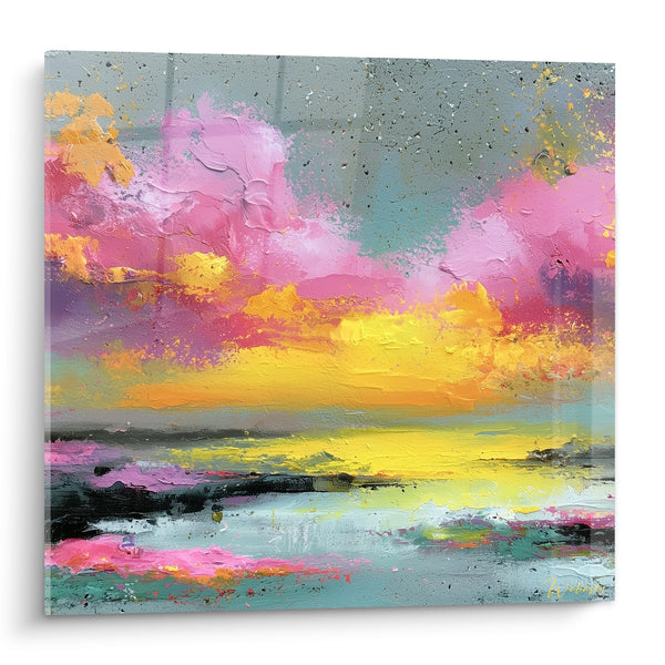 Tableau Ciel jaune et rose éclaboussé d'or - Rivage embrasé - Edition style Peinture abstrait