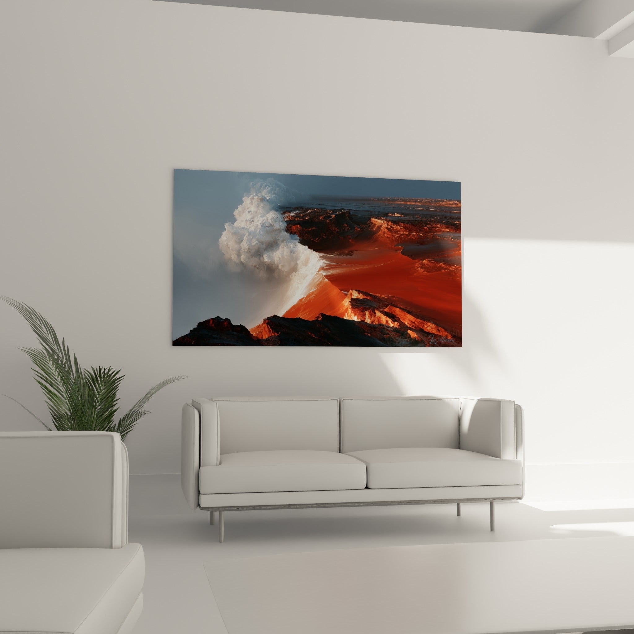 Éruption terracotta et fumée immaculée de ce tableau volcan disposé au-dessus d'un canapé dans un salon lumineux