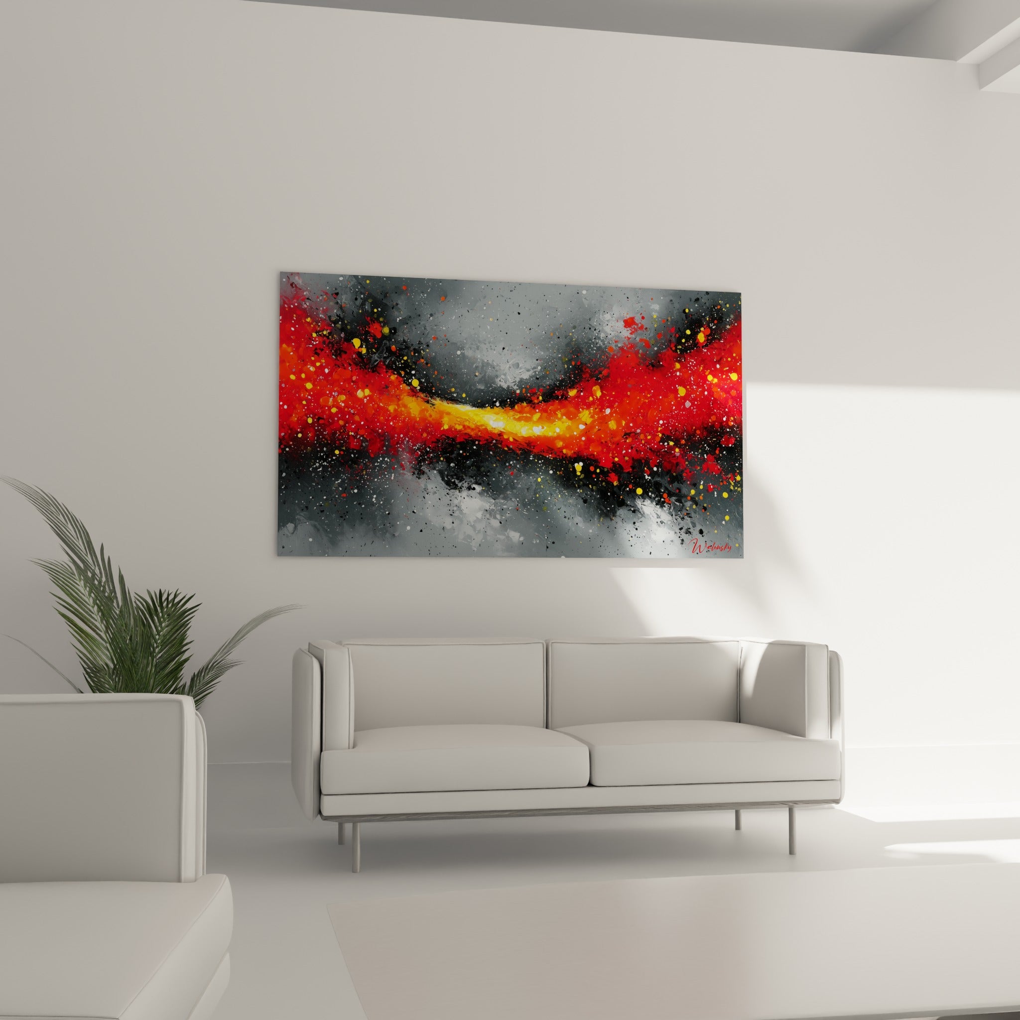 Éclaboussures orangées et grises du tableau style Peinture abstrait au-dessus d'un canapé dans un salon lumineux