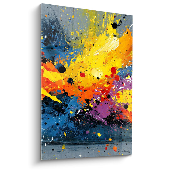 Tableau Éclaboussures jaune et bleu diagonale fracassante - Nuage de gouttelettes noires - Edition style Peinture abstrait