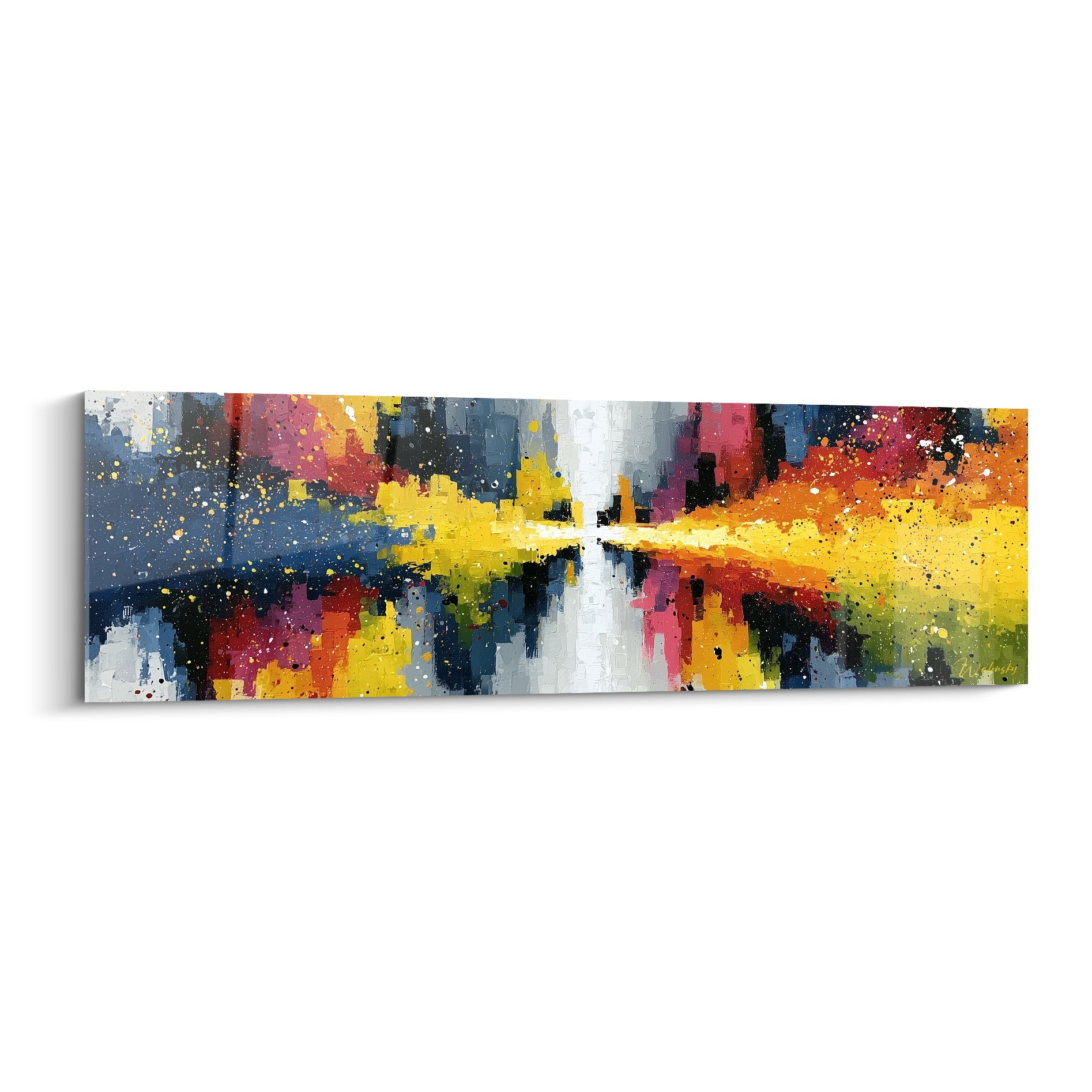 Éclat doré style peinture abstrait traversant blocs bleu marine et rose sur toile panoramique
