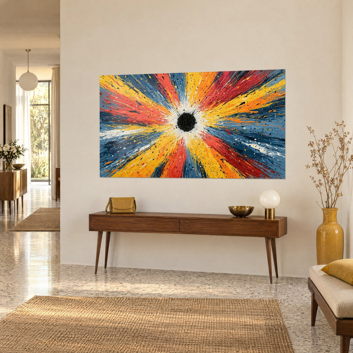 Cuadro sol negro rodeado por un halo blanco, rayos azul acero y naranja, colocado en una pared beige sobre una consola de madera