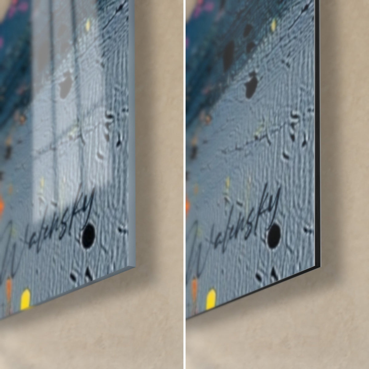 Tableau abstrait éclaboussé de jaune et d'orange, coin bas droit, verre brillant à gauche, Dibond mat à droite, tranche de 3 mm