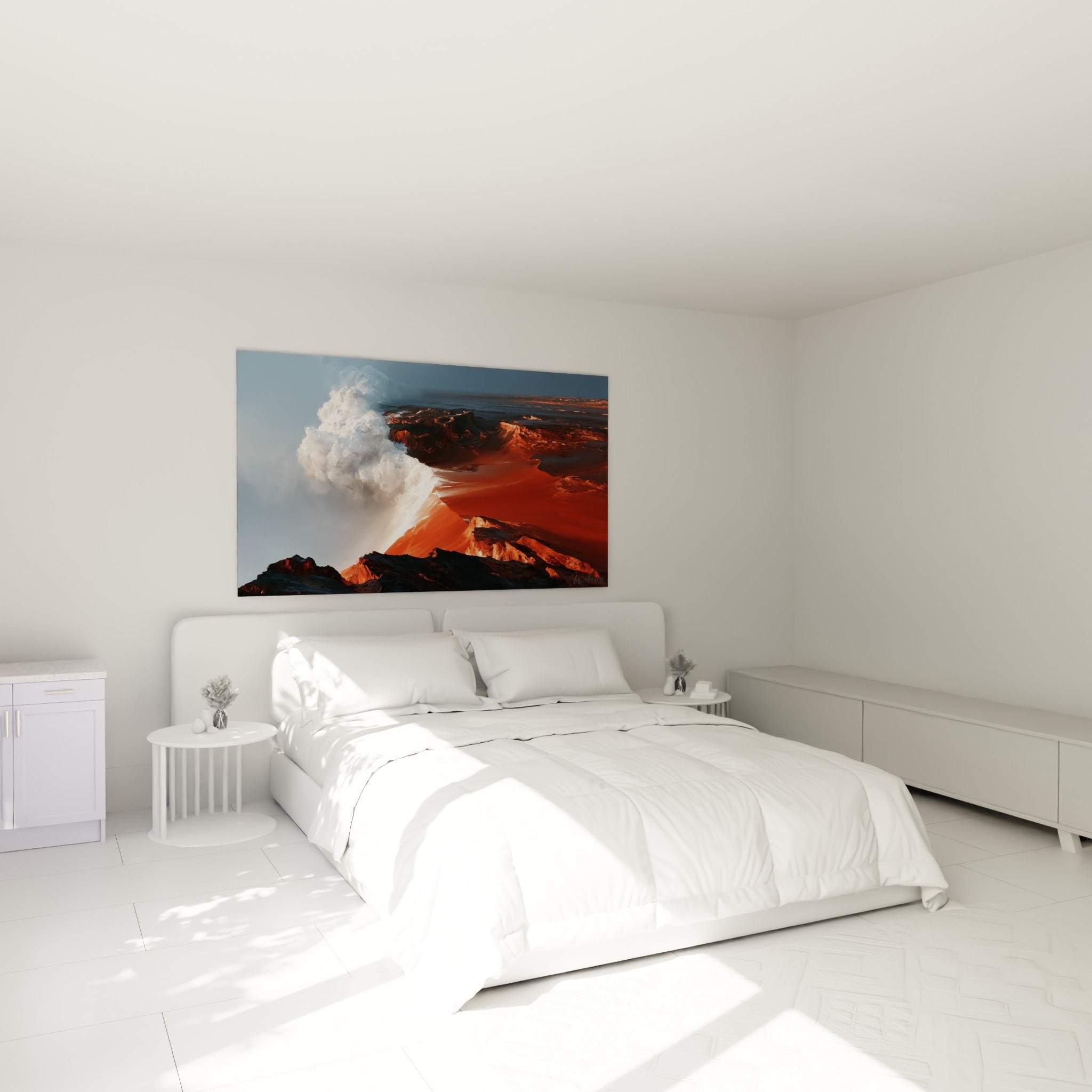 Panache blanc et coulée ocre d'un tableau volcan accroché au-dessus d'un lit dans une chambre claire