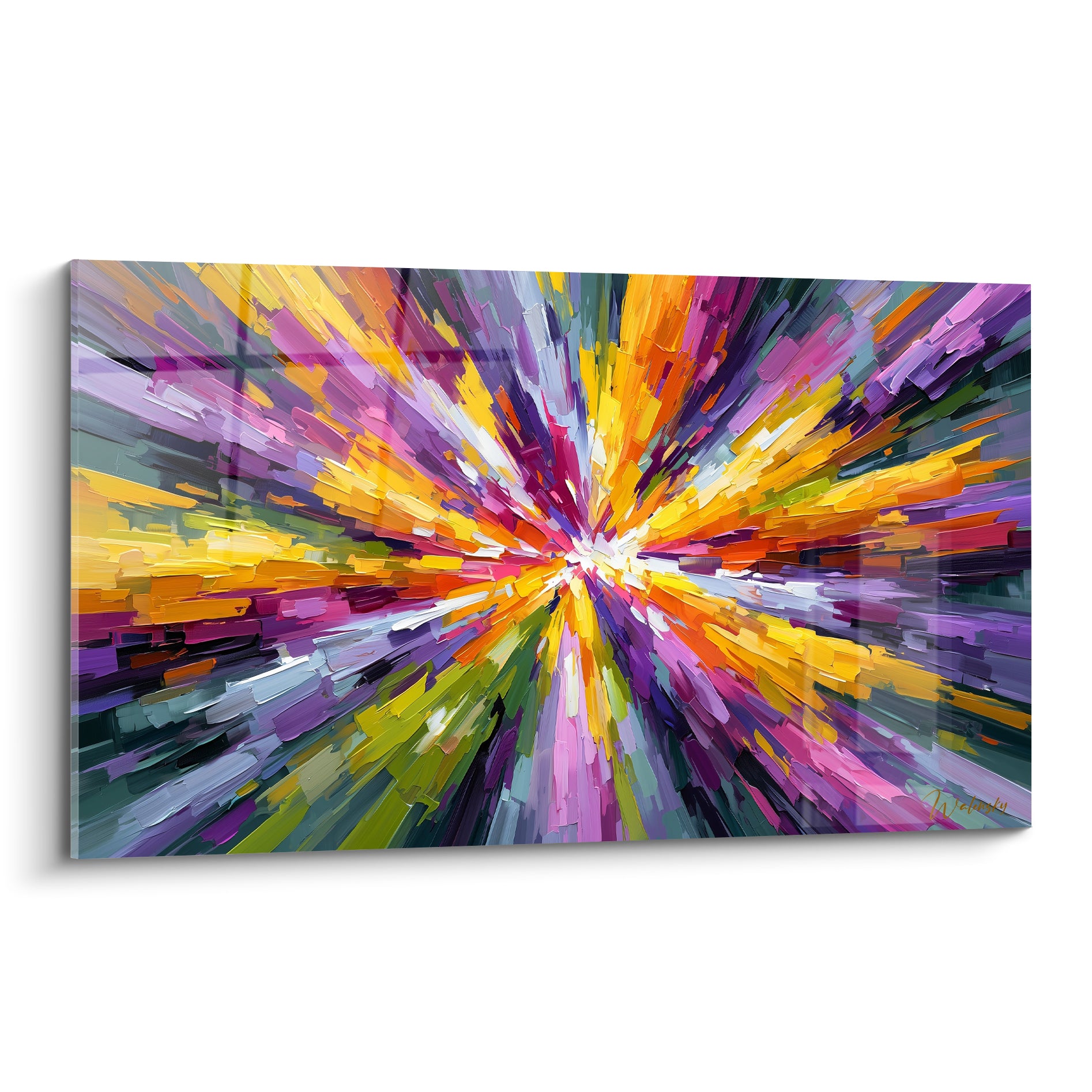 Explosion picturale jaune, violette et verte en rayons style Peinture abstrait sur toile