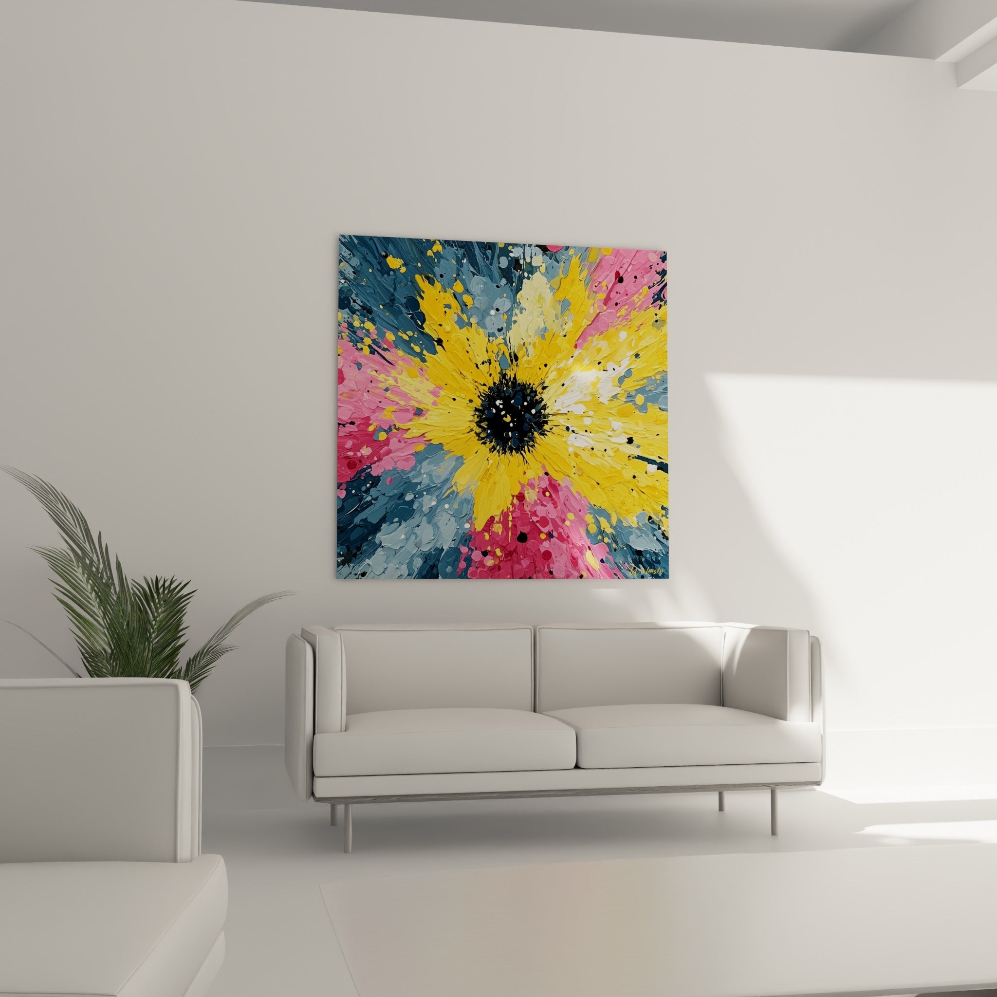 Pétales éclatés jaune et rose vif, style peinture abstrait, au-dessus d'un canapé dans un salon lumineux
