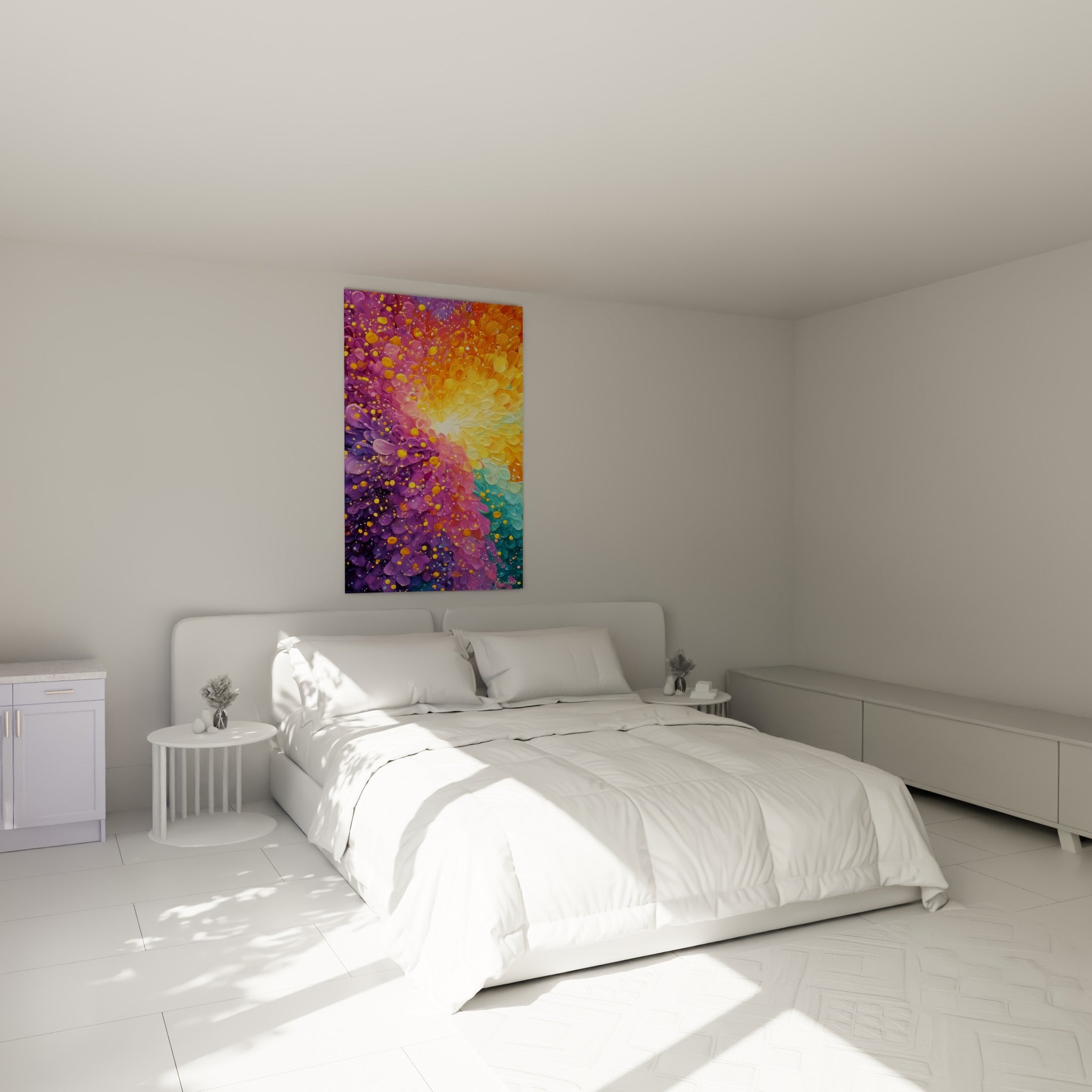 Explosion florale pourpre et turquoise peinte en relief, accrochée au-dessus d'un lit dans une chambre claire