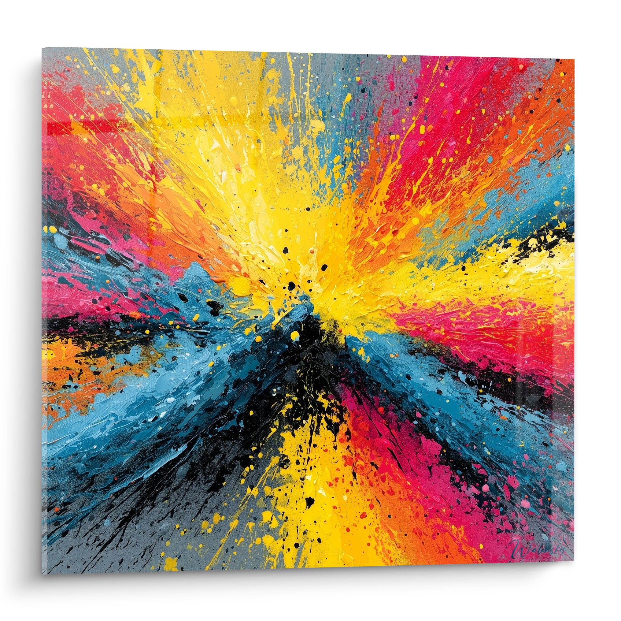 Explosion picturale style Peinture abstrait en jaune vif et bleu pétrole avec éclaboussures noires denses