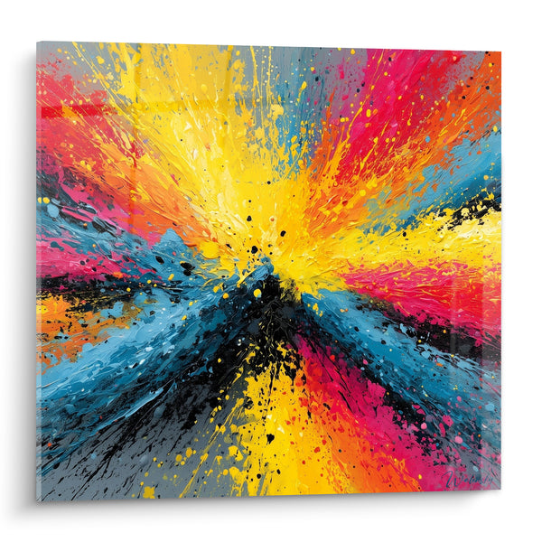 Tableau Éclaboussures jaune et bleu en éventail - Déflagration chromatique - Edition style Peinture abstrait