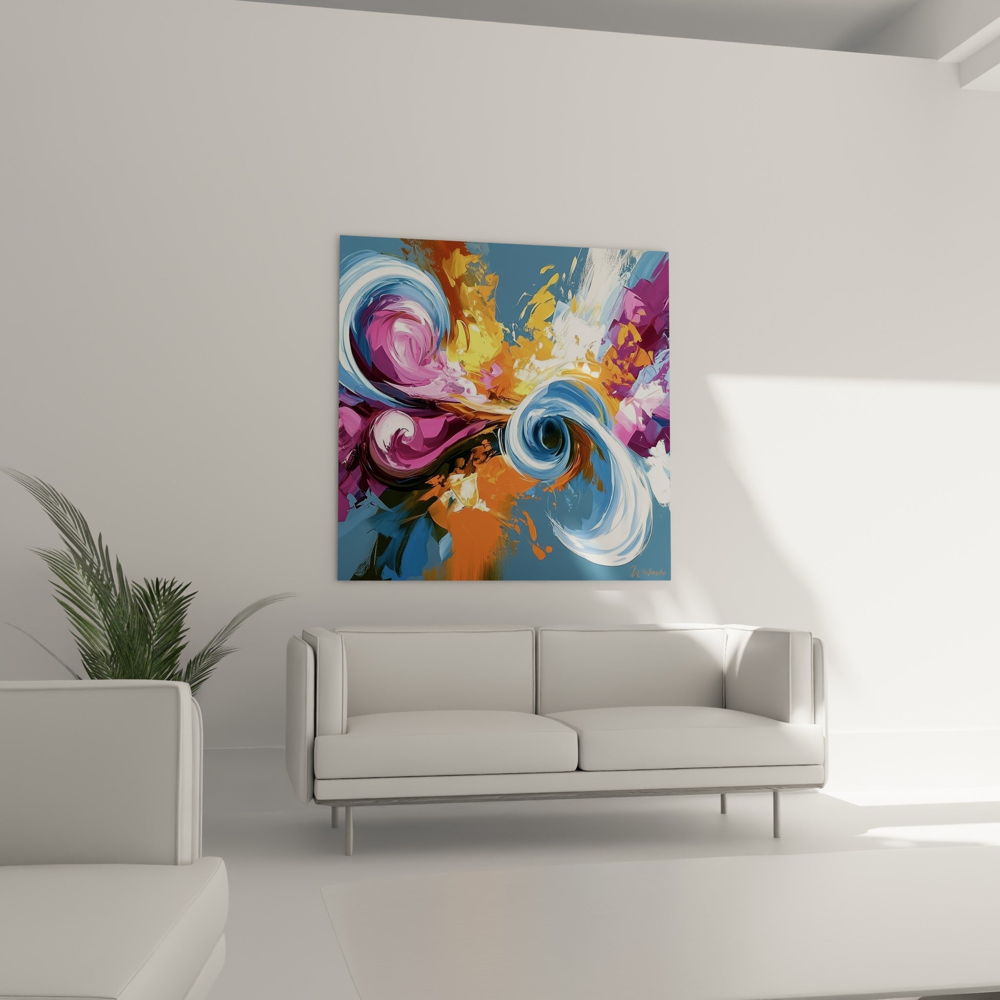 Explosion de rose fuchsia et d'orange autour de spirales bleues au-dessus d'un canapé dans un salon lumineux