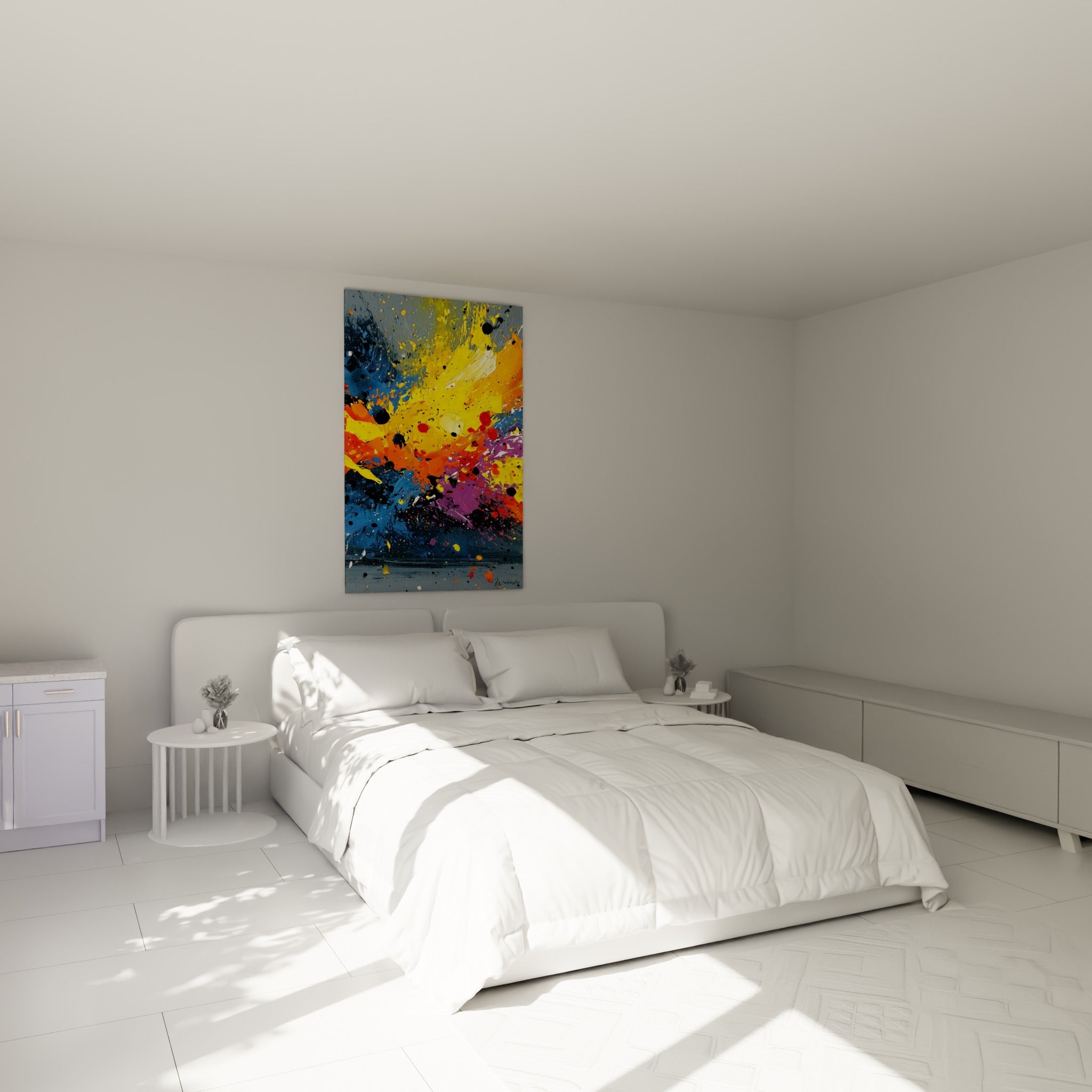 Explosion colorée jaune et violette au-dessus d'un lit dans une chambre claire