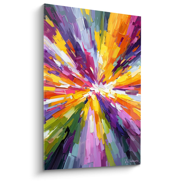 Tableau Explosion radiale orange et violette au centre blanc - Rayons multicolores convergents - Edition style Peinture abstrait