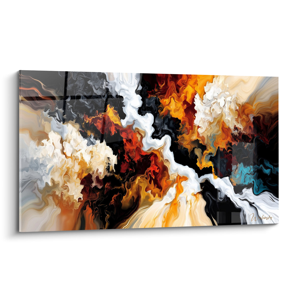 Flammes noires, orangées et blanches en fusion tourbillonnante, style peinture abstrait sur toile brillante