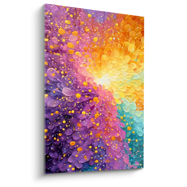 Tableau Explosion florale violette et dorée texturée - Éclosion lumineuse - Edition style Peinture abstrait