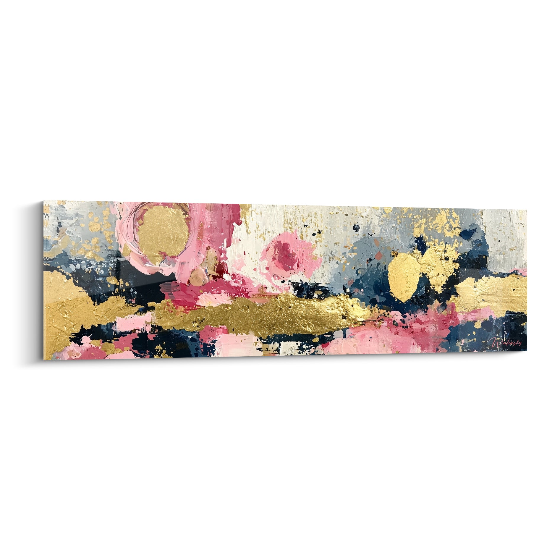Fleurs stylisées en style Peinture abstrait, doré et rose vif sur bande bleu marine texturée