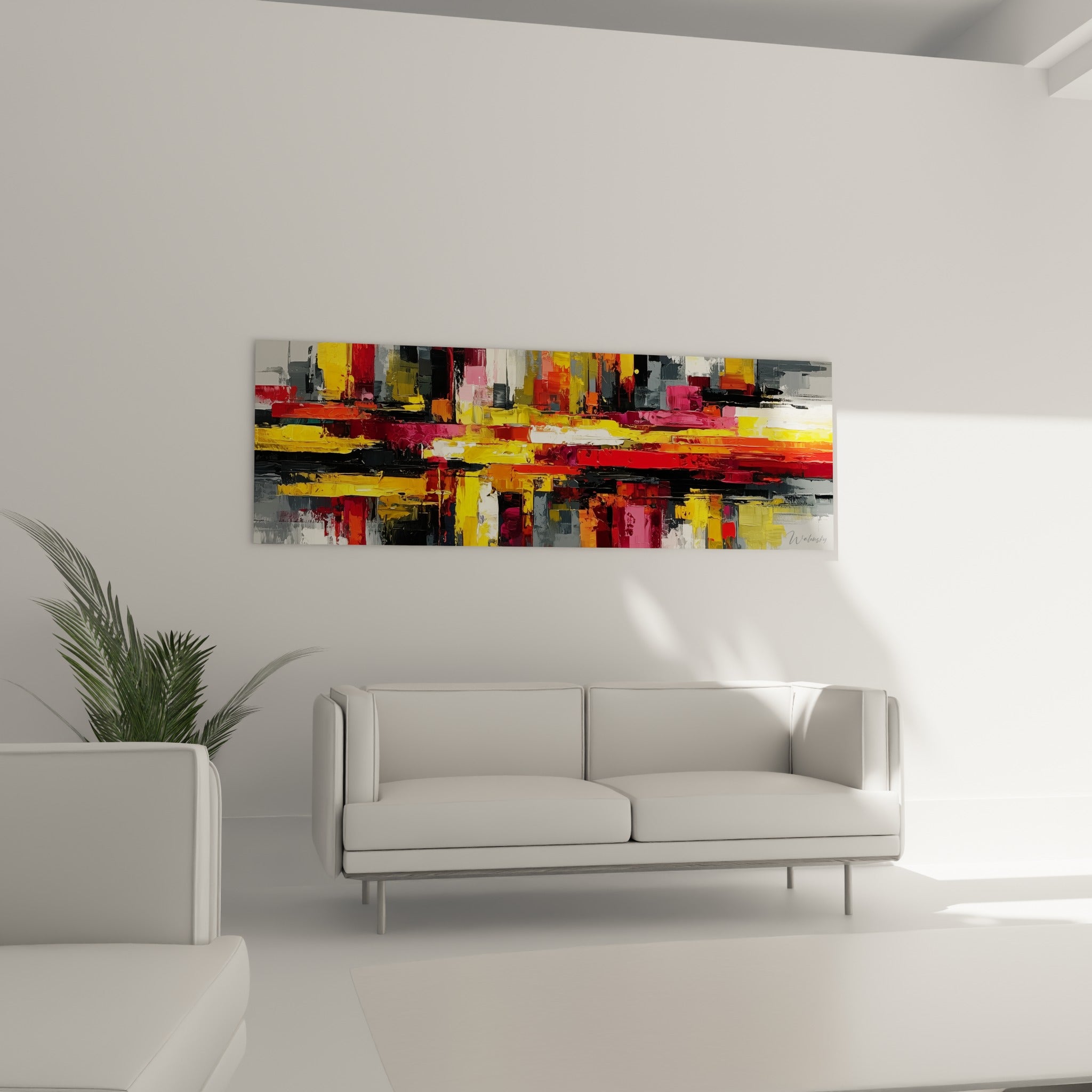 Palette éclatante de jaune, rose fuchsia et noir au-dessus d'un canapé dans un salon lumineux