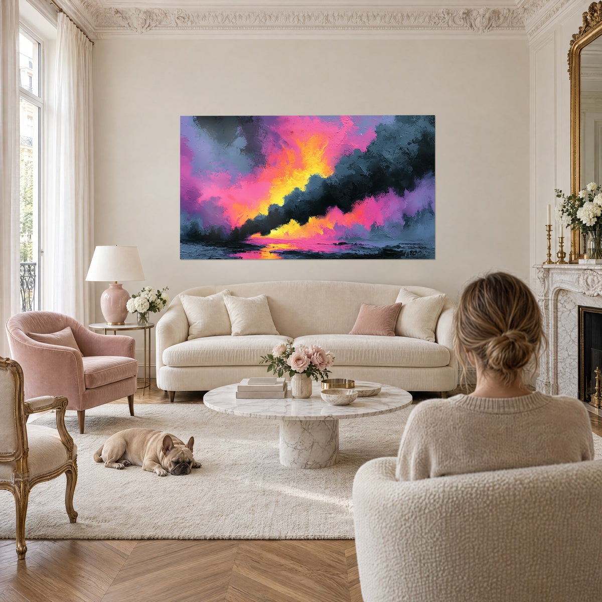 Wall art anthracite smoke cloud glowing pink and yellow, dog and woman seen from behind, above a sofa in a bright living room