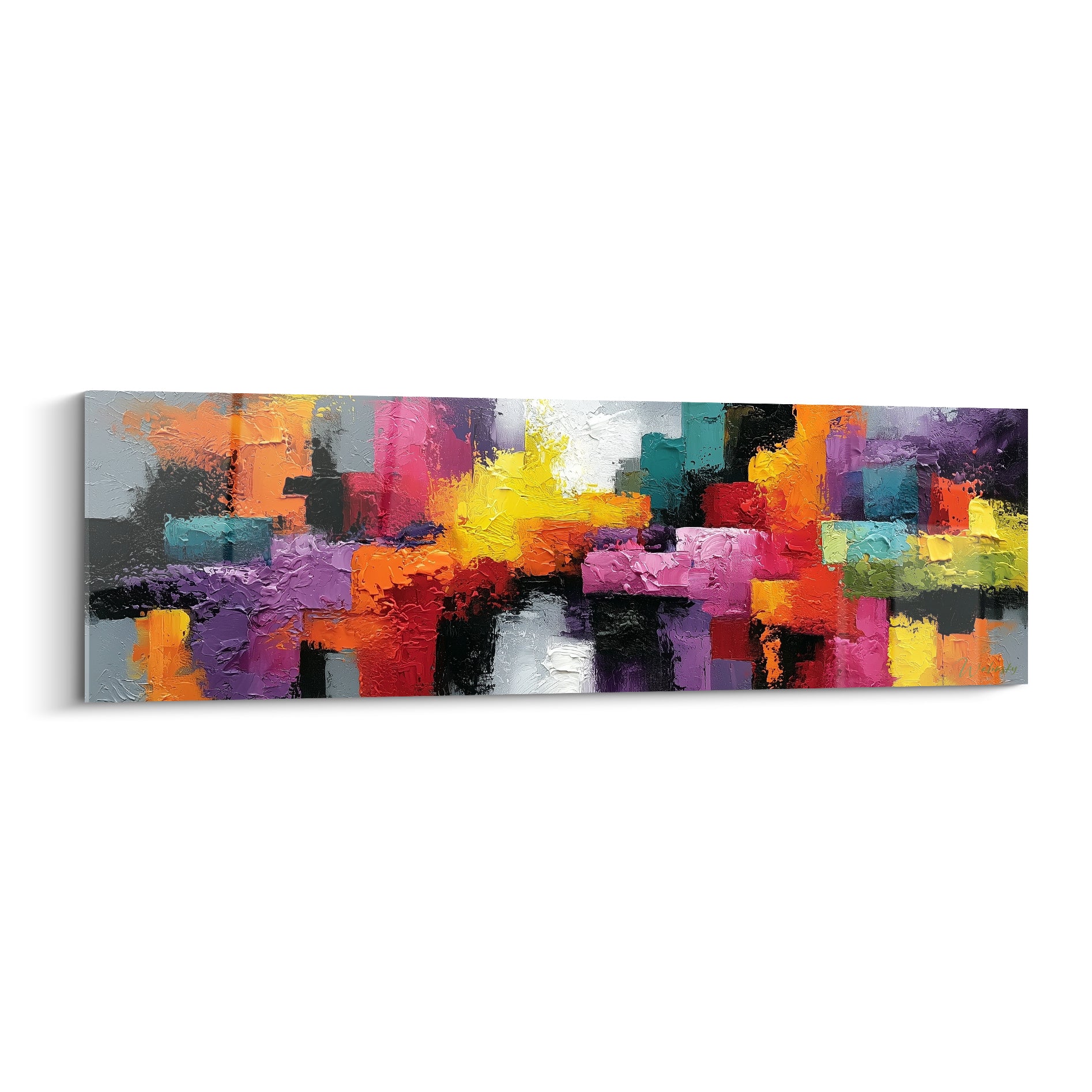 Tableau style Peinture abstrait aux blocs orange, violet et turquoise texturés au couteau