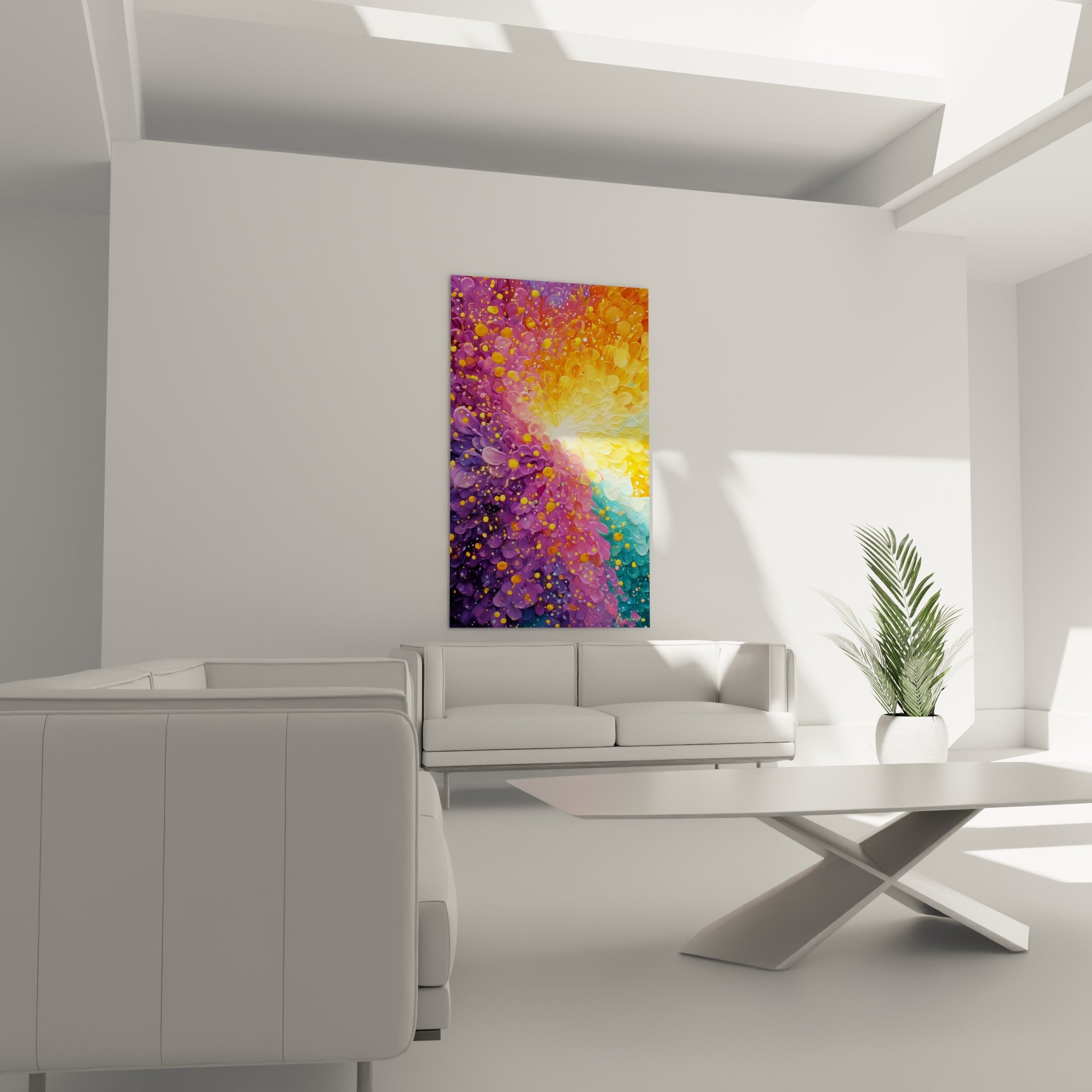 Pétales dorés et violets en empâtements épais formant une fleur abstraite, au-dessus d'un canapé dans un salon lumineux