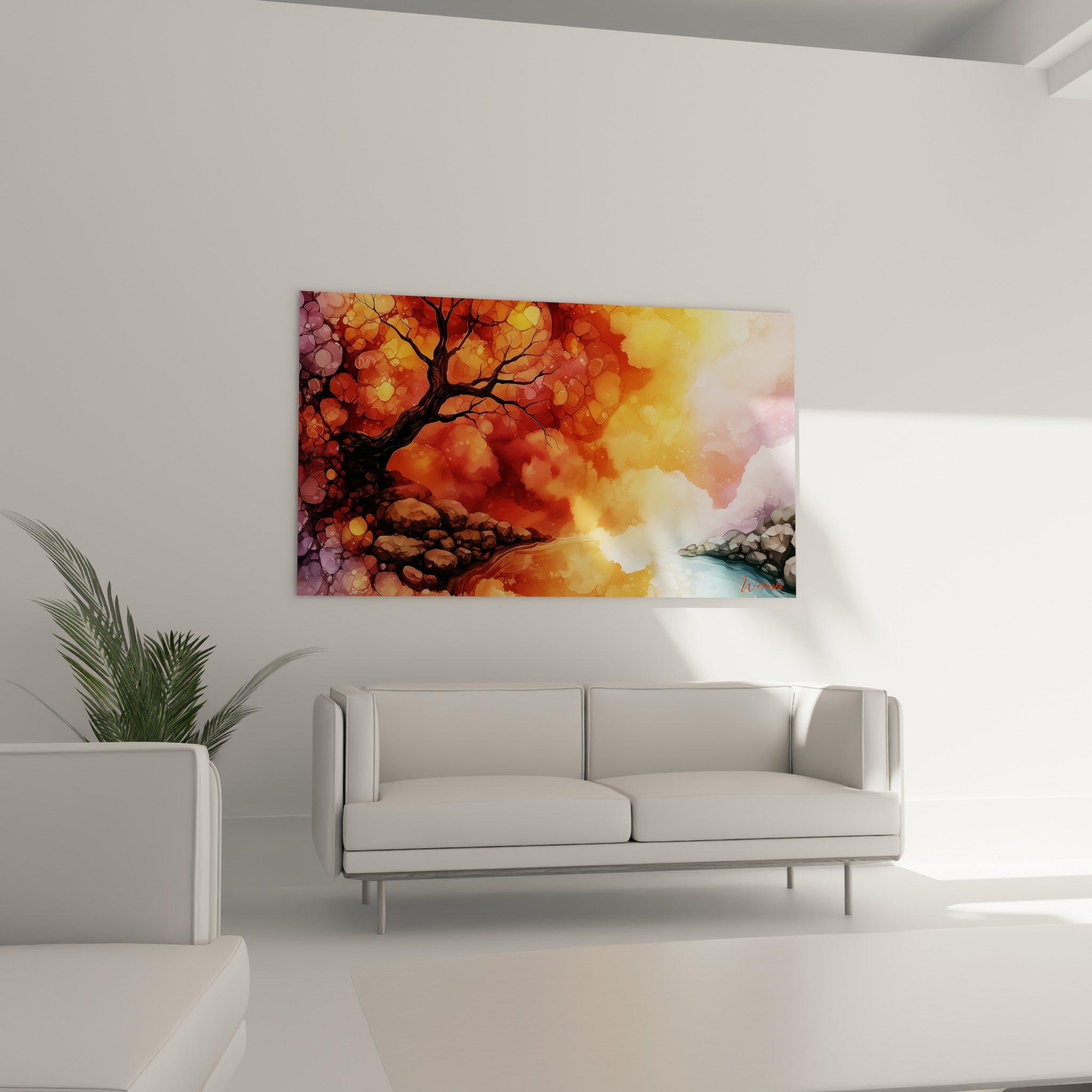 Ramure sombre sur ciel orange et turquoise, œuvre suspendue au-dessus d'un canapé dans un salon lumineux