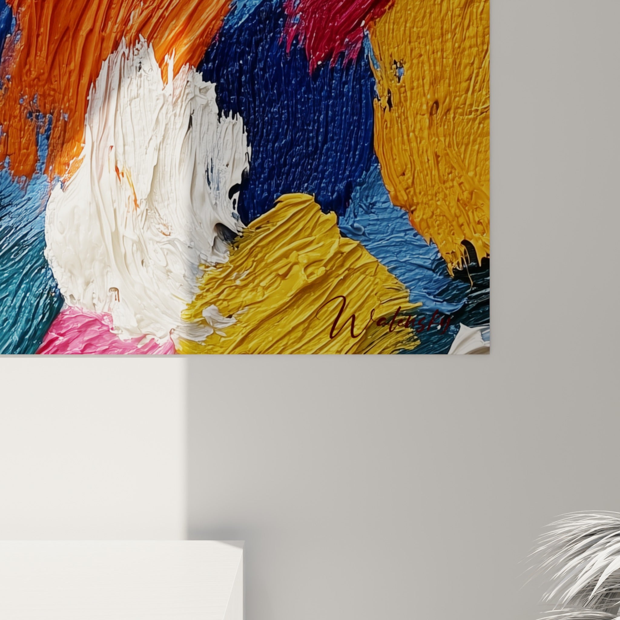 Matière épaisse et coulures visibles sur ce tableau peinture abstrait aux tons bleu marine et rouge vif