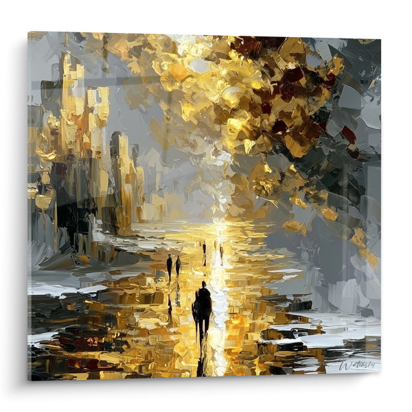 Tableau Rue pavée dorée et grise animée - Promenade nocturne dorée - Edition style Peinture abstrait