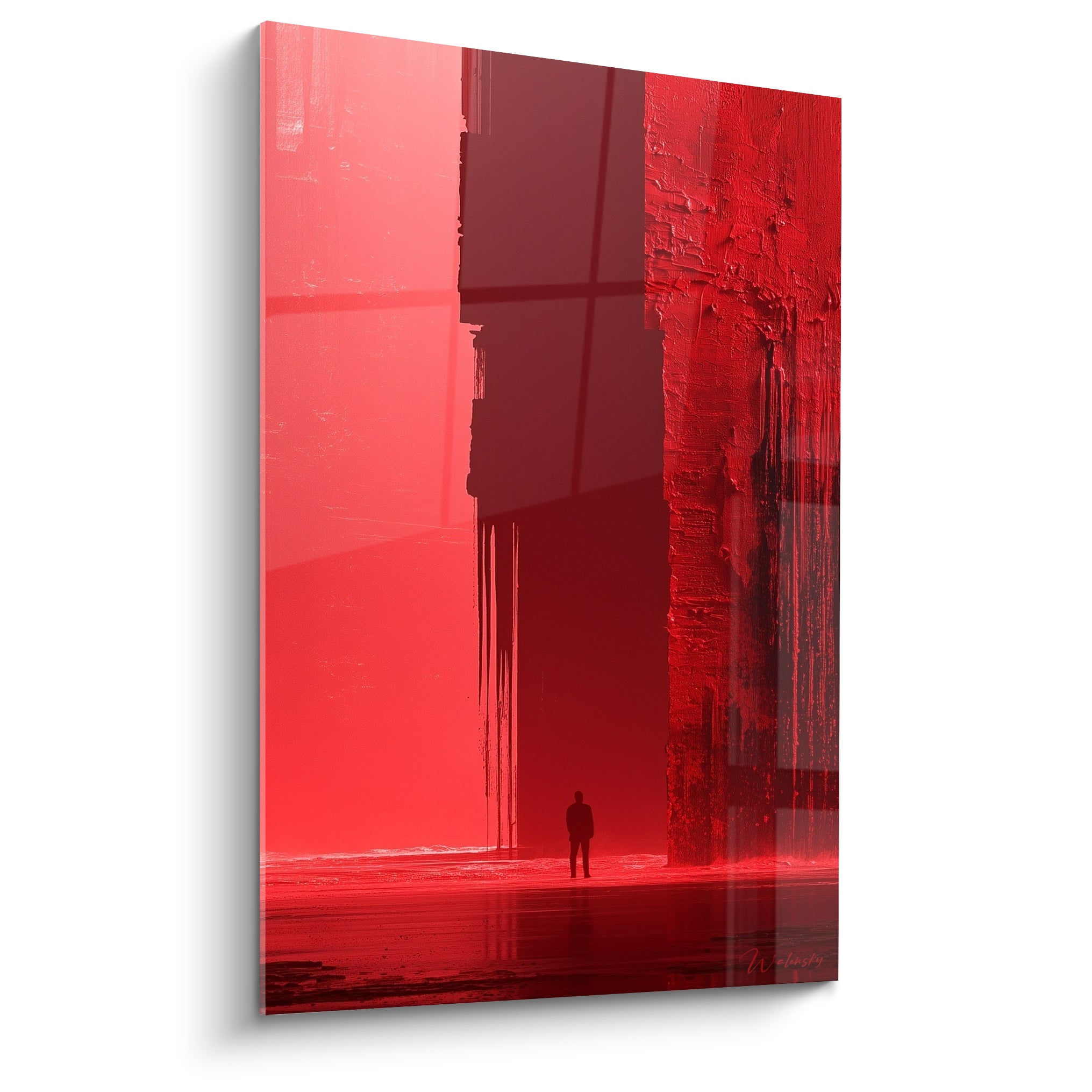 Silhouette sombre isolée entre blocs rouges et bordeaux, peinture abstraite texturée