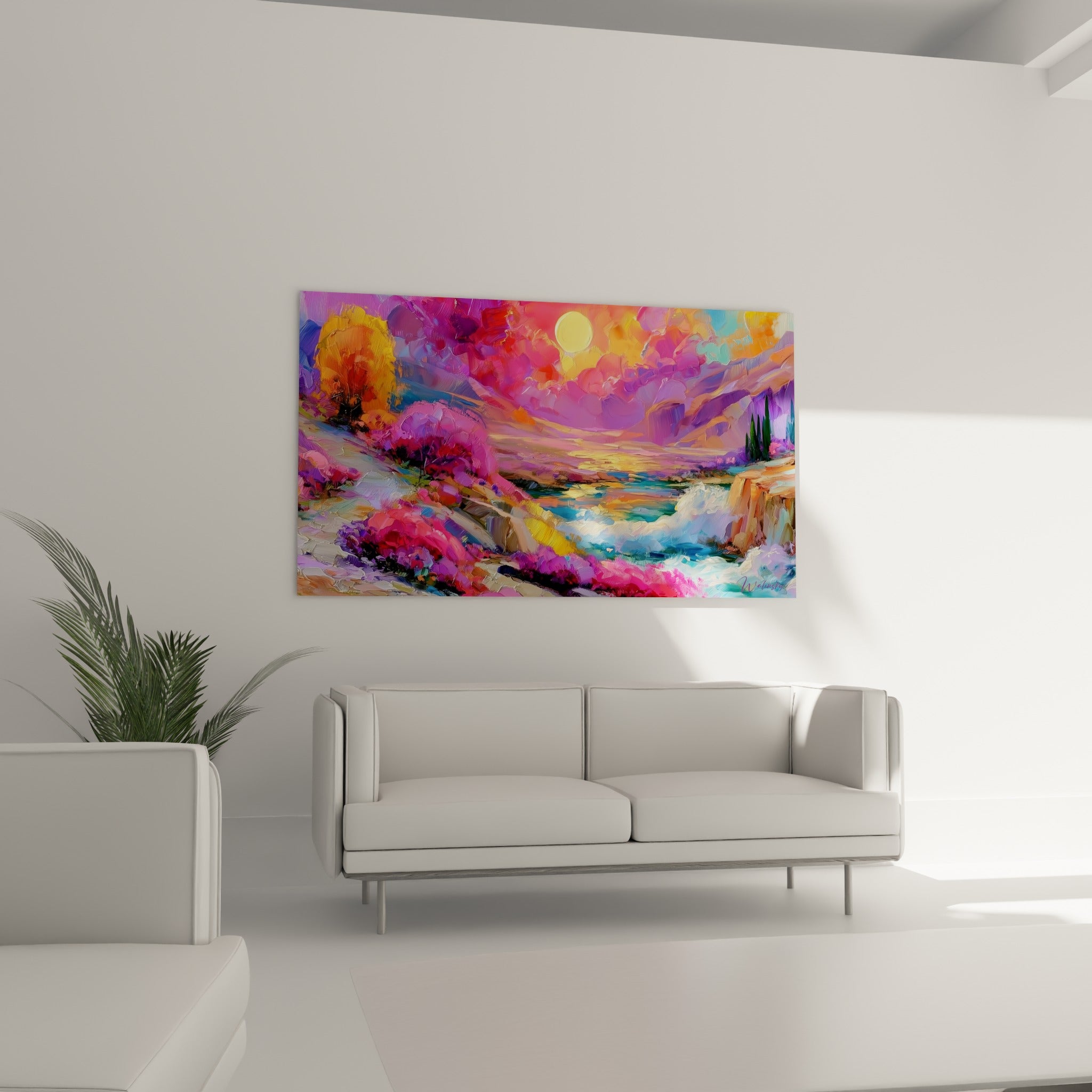 Paysage mauve et ocre au coucher de soleil, accroché au-dessus d'un canapé dans un salon lumineux