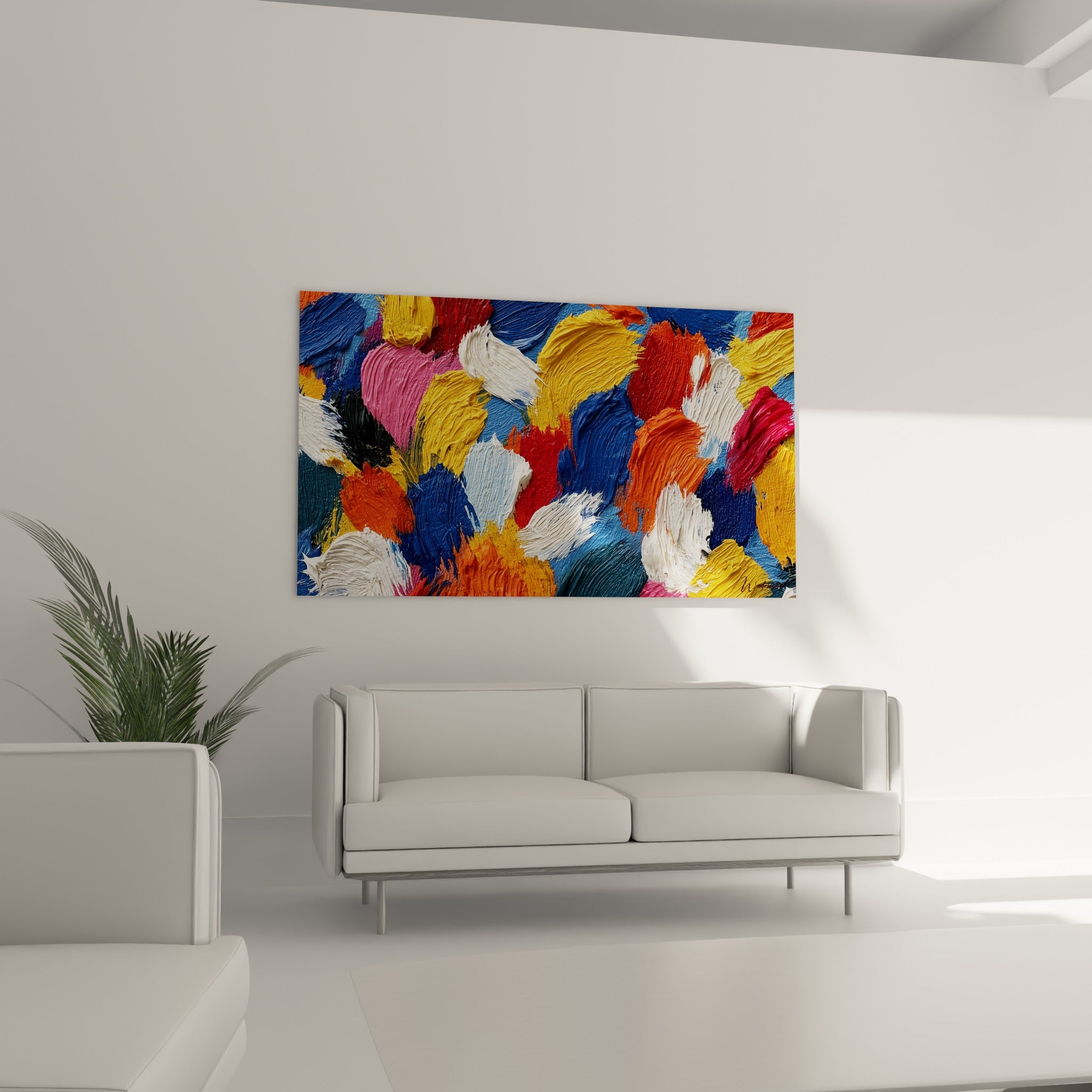 Composition peinture abstrait rouge, bleu et blanc cassé au-dessus d'un canapé dans un salon lumineux