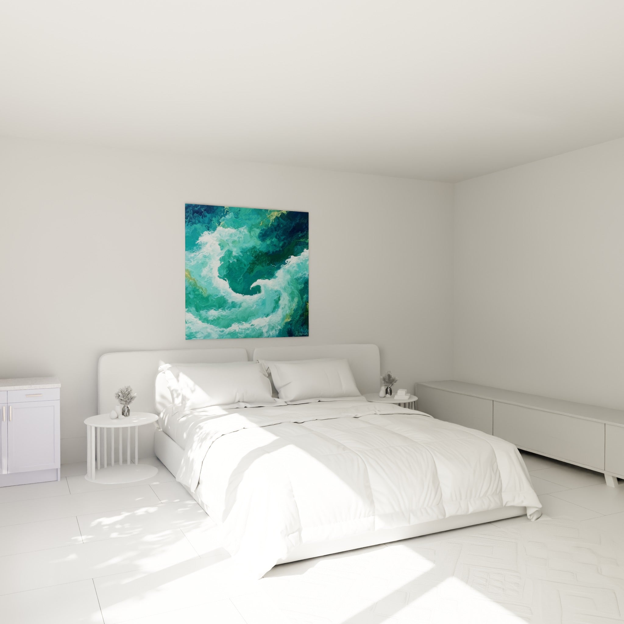 Spirale d'eau turquoise et bleu marine, style Peinture abstrait, au-dessus d'un lit dans une chambre claire